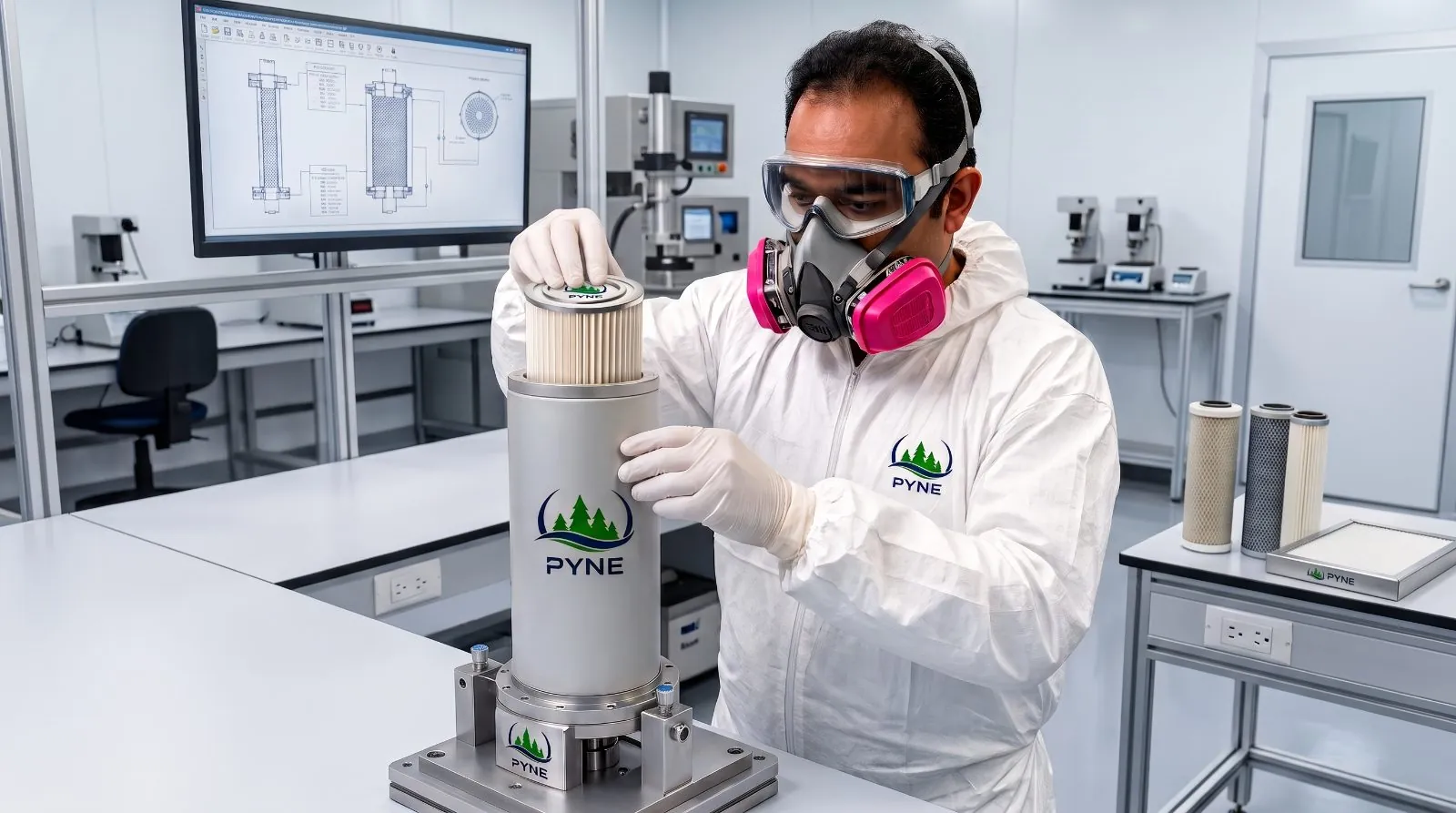 Pyne engineer testing a self-cleaning filter element